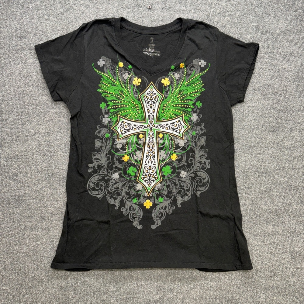 St Patricks Day Celtic Cross Wings Graphic T-Shirt Black V-Neck Womens Medium